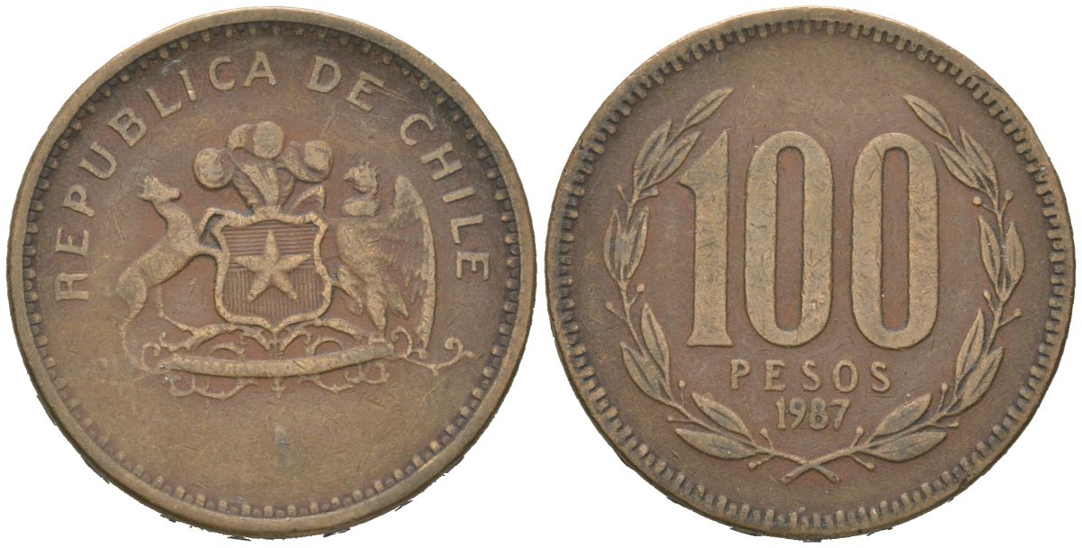 Чили 100 песо 1987 So KM 226.2, Schon 71 алюминиевая бронза 4616-1223