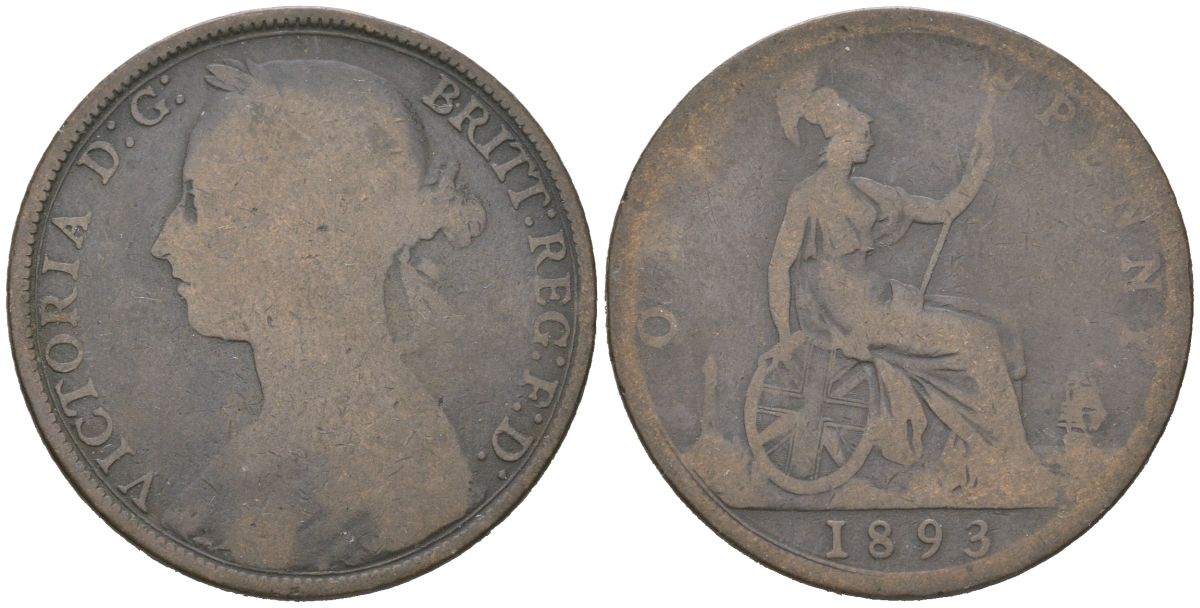 Великобритания 1 пенни 1893 Виктория (1837-1901) KM 755, Spink 3954 бронза 221-1213