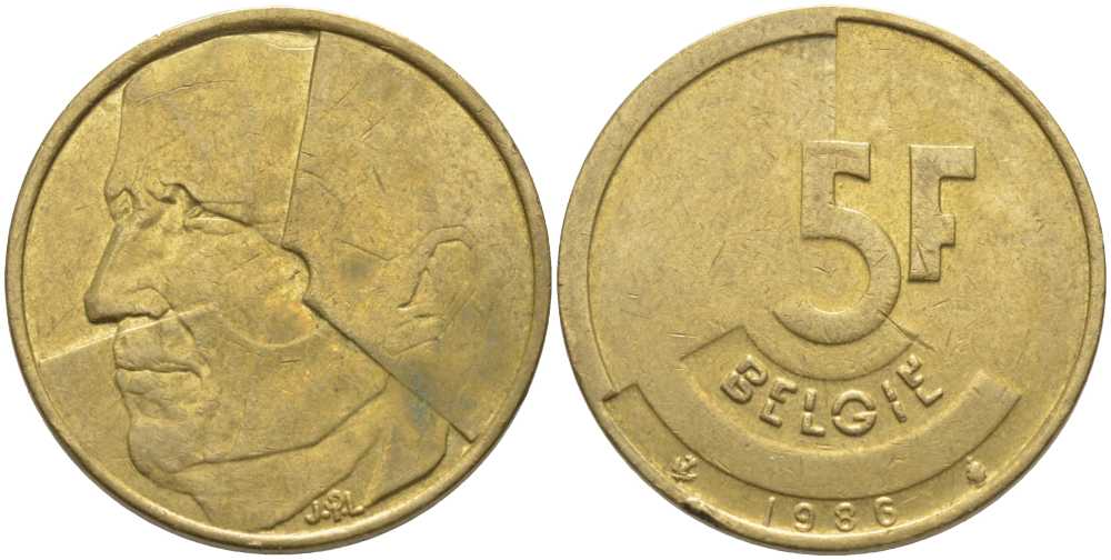 БЕЛЬГИЯ 5 ФРАНКОВ 1986 BELGIE, БОДУЭН I (1951-1993) KM 164 латунь или алюминиевая бронза 119-847