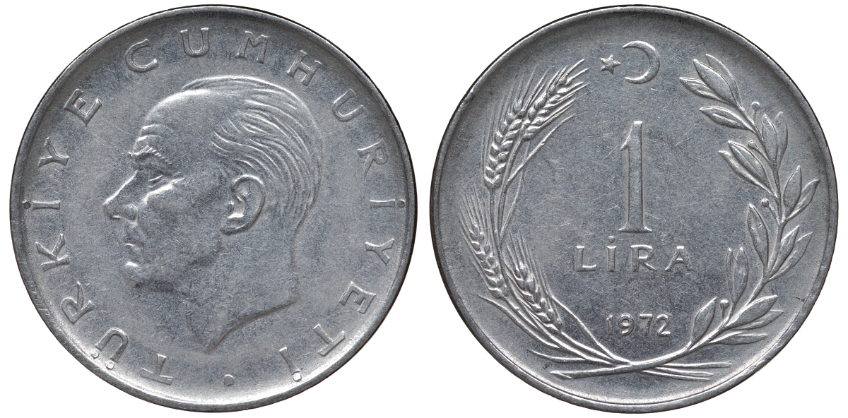 Турция 1 лира 1972 Мустафа Кемаль Ататюрк KM 889a.2 нержавеющая сталь62-1047