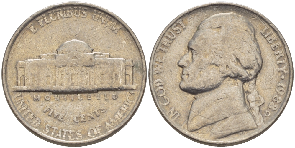 США 5 ЦЕНТОВ 1988 D, ДЖЕФФЕРСОН KM А192 медно-никель 31-655