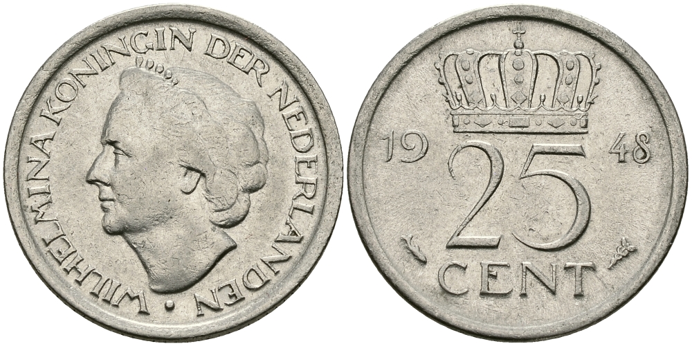 НИДЕРЛАНДЫ 25 ЦЕНТОВ 1948 ВИЛЬГЕЛЬМИНА KM 178 никель 176-846