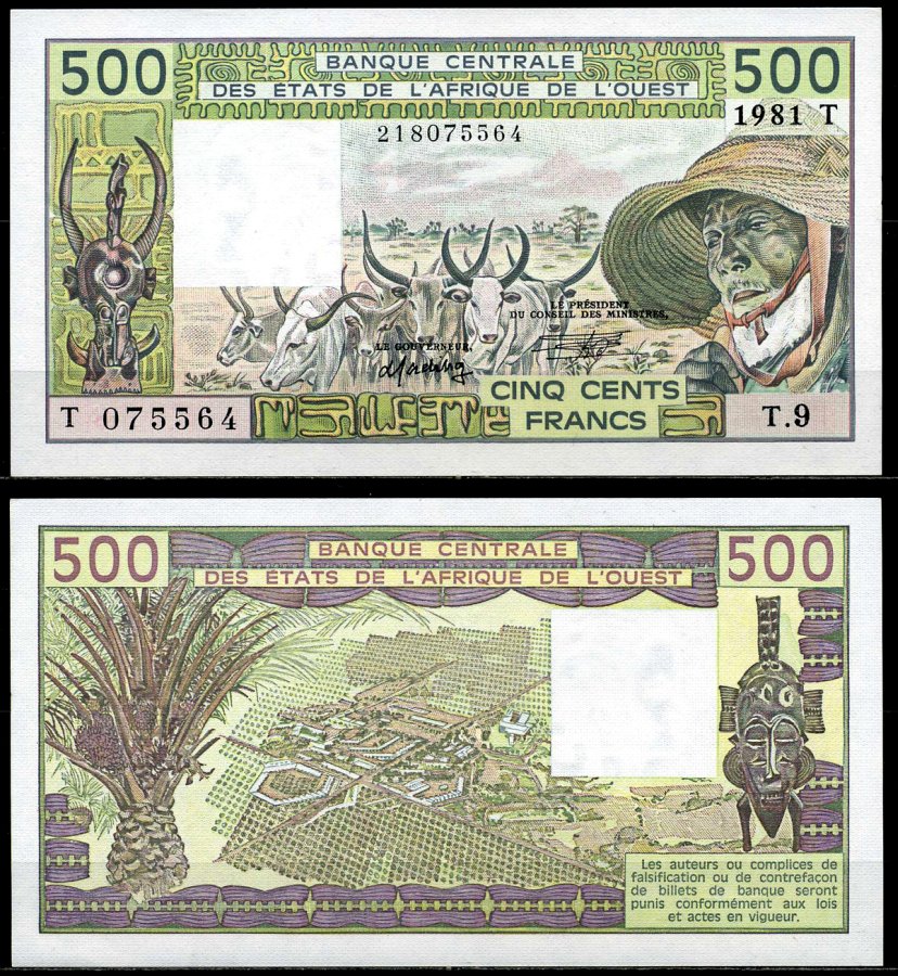 Валютный Союз Стран Западной Африки 500 франков 1981 буква Т, Того, signatures: E. Ky & A. Fadiga, 9 цифр в номере Pick 806Тb бумага UNC (пресс) 00-00