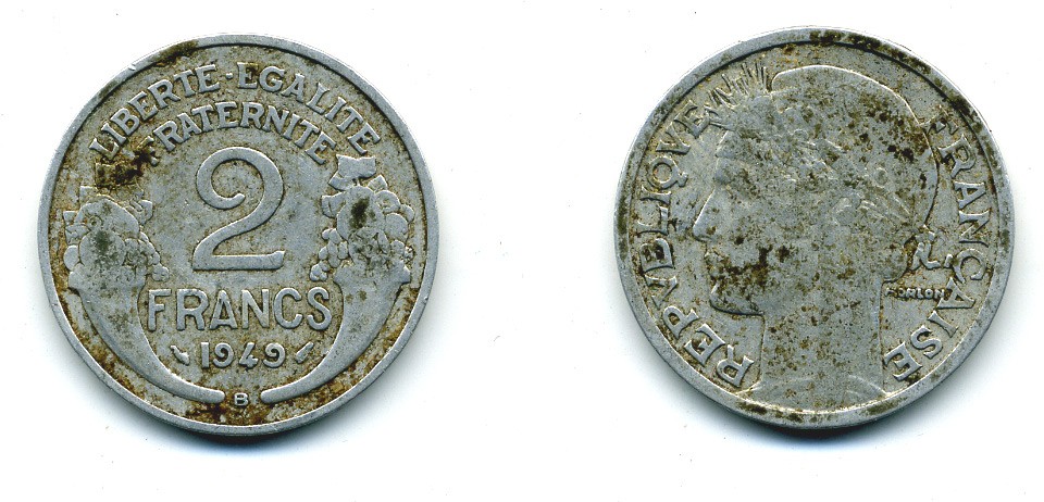 Франция 2 франка 1949 В, тип Morlon KM 886а.2, Le Franc 269.15 алюминий 84-623