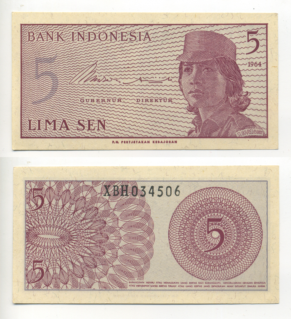 Индонезия 5 сенов 1964 девушка волонтер Pick 91 a  бумага  UNC (пресс) 6266-33-1-2