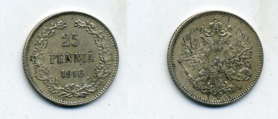 Россия для Финляндии 25 пенни 1916 S, Николай II (1894-1917) KM 6.2, Биткин 421 серебро 46-1323