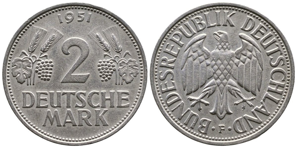 ФРГ 2 марки 1951 F J 386, KM 111 медно-никель плакированный никелем 413-3532