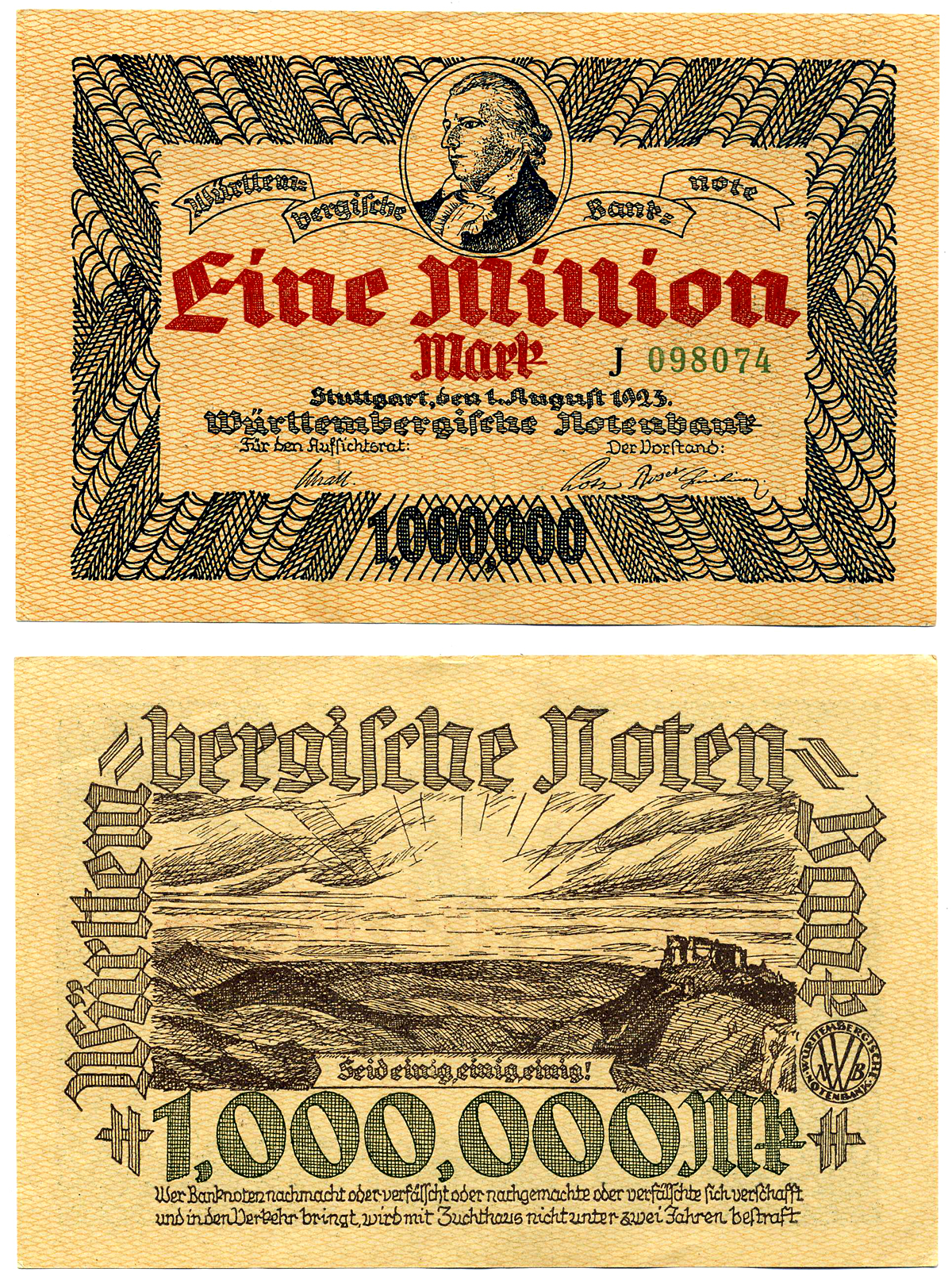 ШТУТГАРТ 1000000 МАРОК (1 МИЛЛИОН) 1923 1 АВГУСТА 1923, НОТГЕЛЬД, WURTEMBERGISCHE NOTENBANC, СЕРИЯ J098074, БЕЗ ПЕРЕГИБОВ, ЗЕМЛЯ БАДЕН-ВЮРТЕМБЕРГ Keller 4930d бумага 00-00