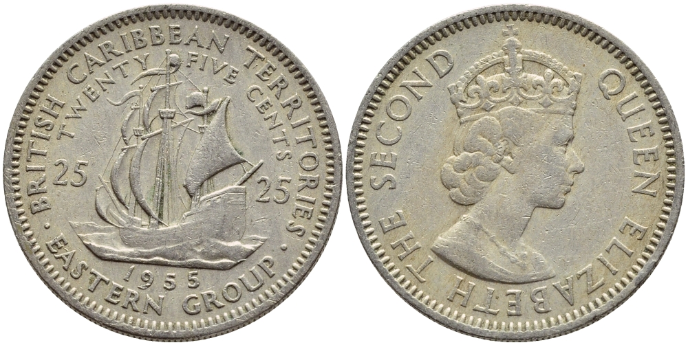 Британские Восточно-Карибские территории 25 центов 1955 Елизавета II (1952-2022), парусник KM 6 медно-никель 4175-151