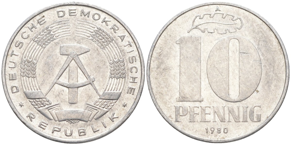 ГДР 10 пфеннигов 1980 А KM 10 алюминий 219-1117