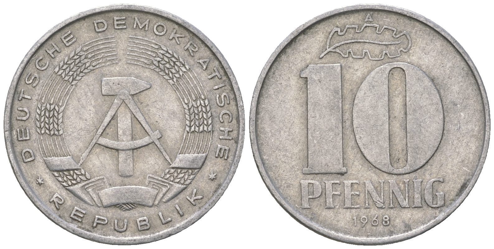 ГДР 10 пфеннигов 1968 A KM 10 алюминий 3459-616