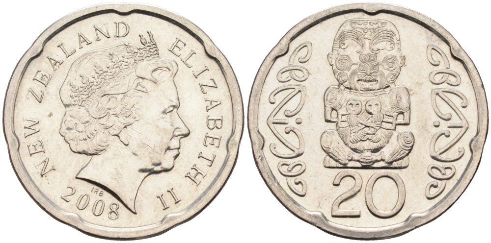 Новая Зеландия 20 центов 2008 Елизавета II (1952-2022), идол Пукаки KM 118а никелированная сталь 4579-1225