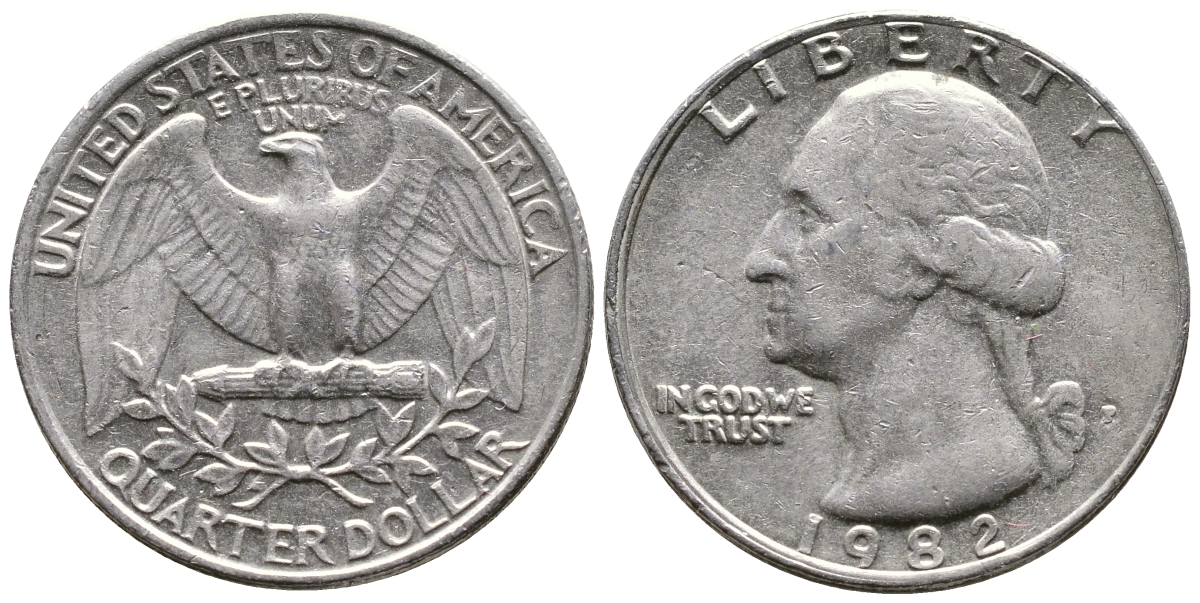 США 25 центов = квотер 1982 P, Вашингтон KM А164а медь плакированная медно-никелем 23-116