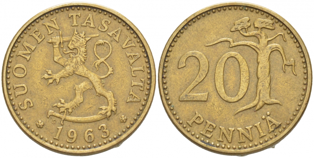 ФИНЛЯНДИЯ 20 ПЕННИ 1963 S ПЕРВЫЙ ГОД KM 47 алюминиевая бронза 3718-1155