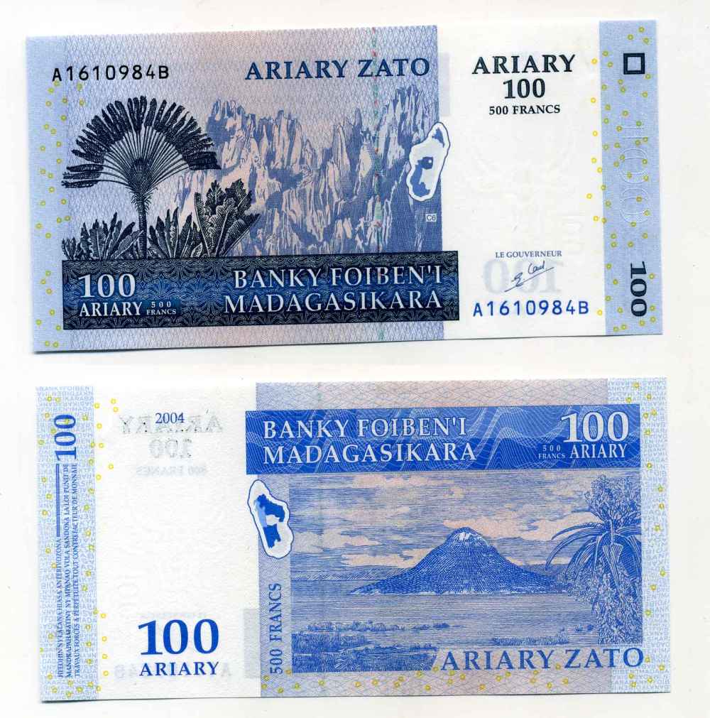 Мадагаскар 100 ариари (500 франков) 2004 заповедник, пейзаж с вулканом,  подпись 5 Pick 86 а бумага UNC (пресс) 8589-33-1-2