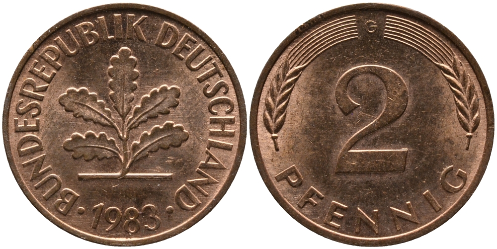 ФРГ 2 ПФЕННИГА 1983 G KM 106а, J.381а сталь плакированная сталь плакированная медьюю 33-243