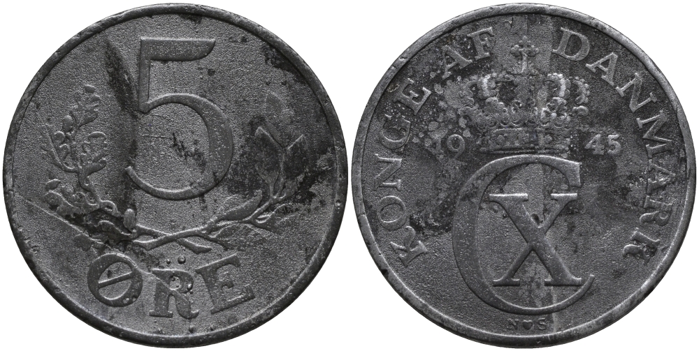 ДАНИЯ 5 ЭРЕ 1945 N; S, КРИСТИАН X (1912-1947) KM 834a цинк 51-844