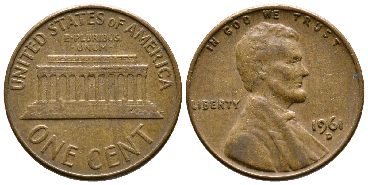США 1 цент 1961 D, Авраам Линкольн KM 201 медь цинк 93-1225