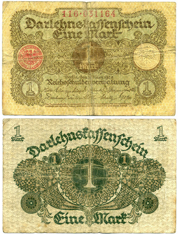 Германия 1 марка 1920 1 марта 1920, веймарская республика Pick 58, Rosenberg 64 бумага 7548-16-4