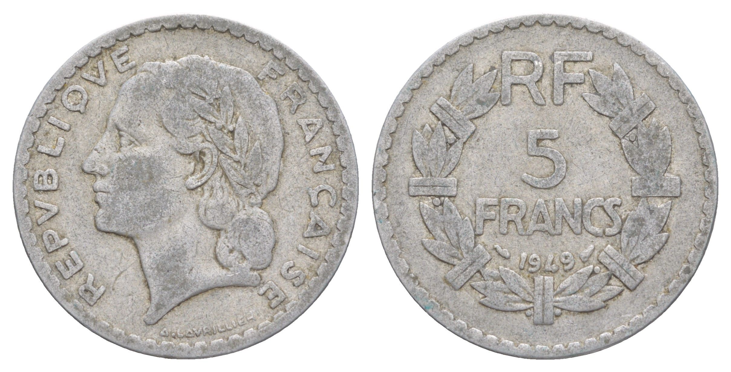 Франция 5 франков 1949 KM 888b, Le Franc 339.17 алюминий 4634-735