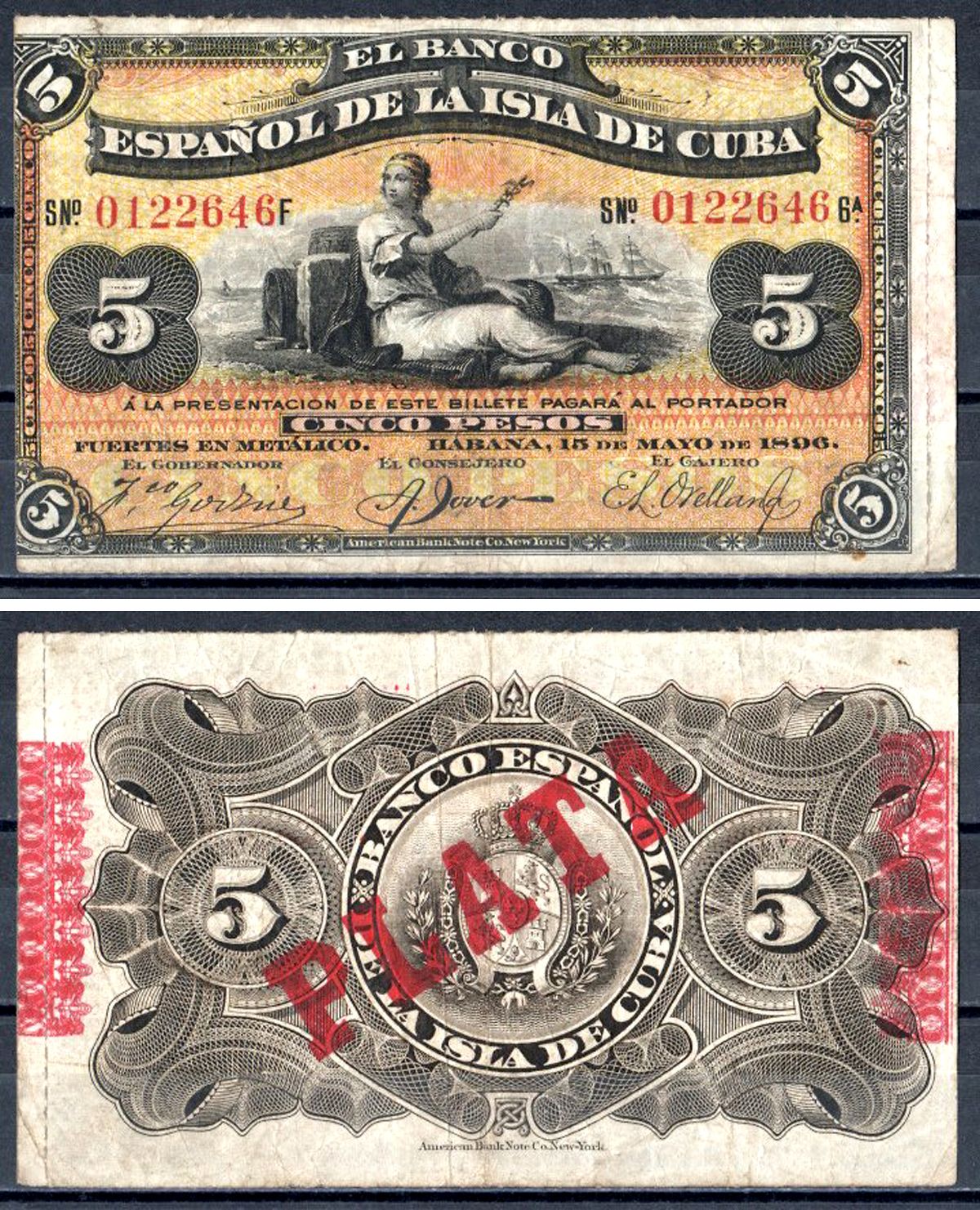 Куба 5 песо 1896 Испанская Администрация, надпечатка PLATA Pick 48 b бумага 402-68-2-1