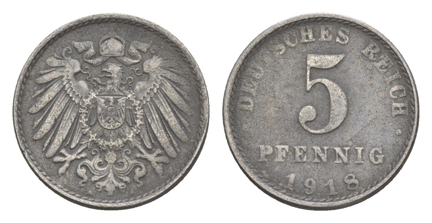 Германия 5 пфеннигов 1918 A, Вильгельм II (1888-1918) KM 19, J. 297, Weege 5 железо плакированное цинком 4640-162