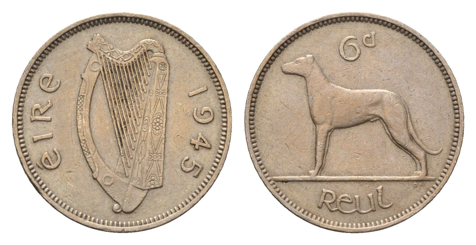 Ирландия 6 пенсов 1945 собака, ирландский волкодав KM 13a медно-никель 4649-639
