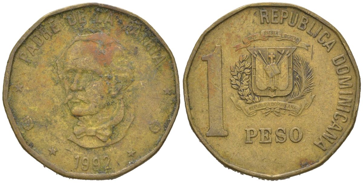Доминиканская Республика (Доминикана) 1 песо 1992 Хуан Пабло Дуарте KM 80.1 латунь 4619-524
