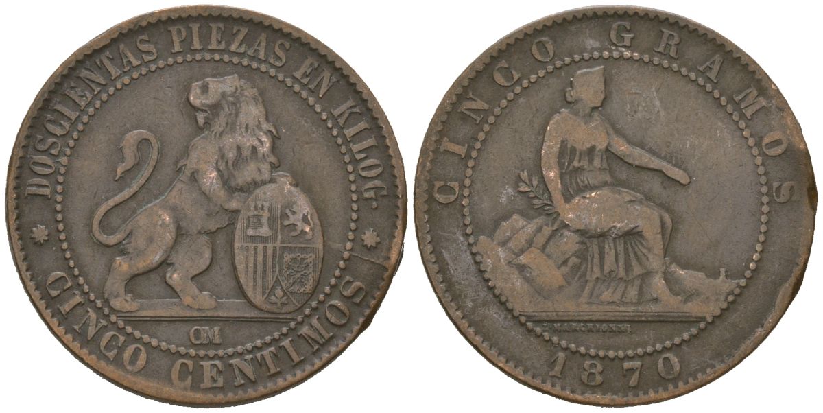 Испания 5 сентимо 1870 ОМ, лев со щитом KM 662 бронза 92-1017