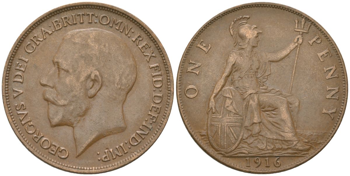 Великобритания 1 пенни 1916 Георг V (1910-1936) KM 810, Spink 4051 бронза    69-311