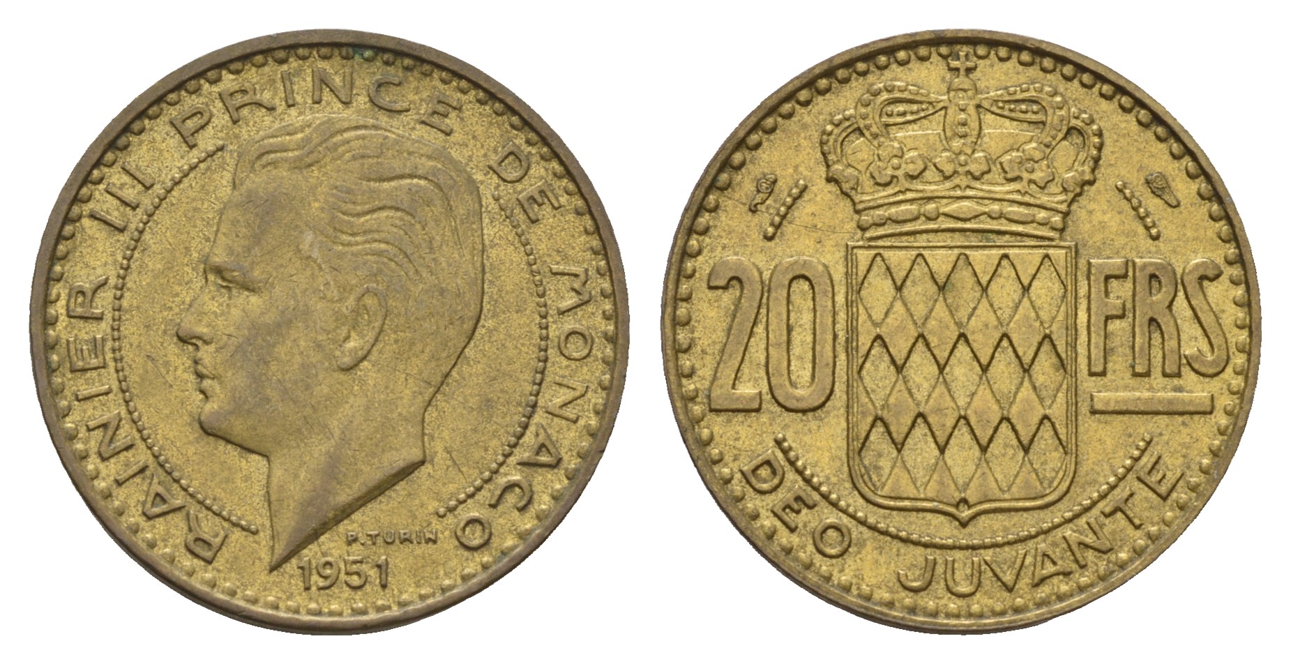 Монако 20 франков 1951 Ренье III (1949-2005) KM 131 алюминиевая бронза 4681-346