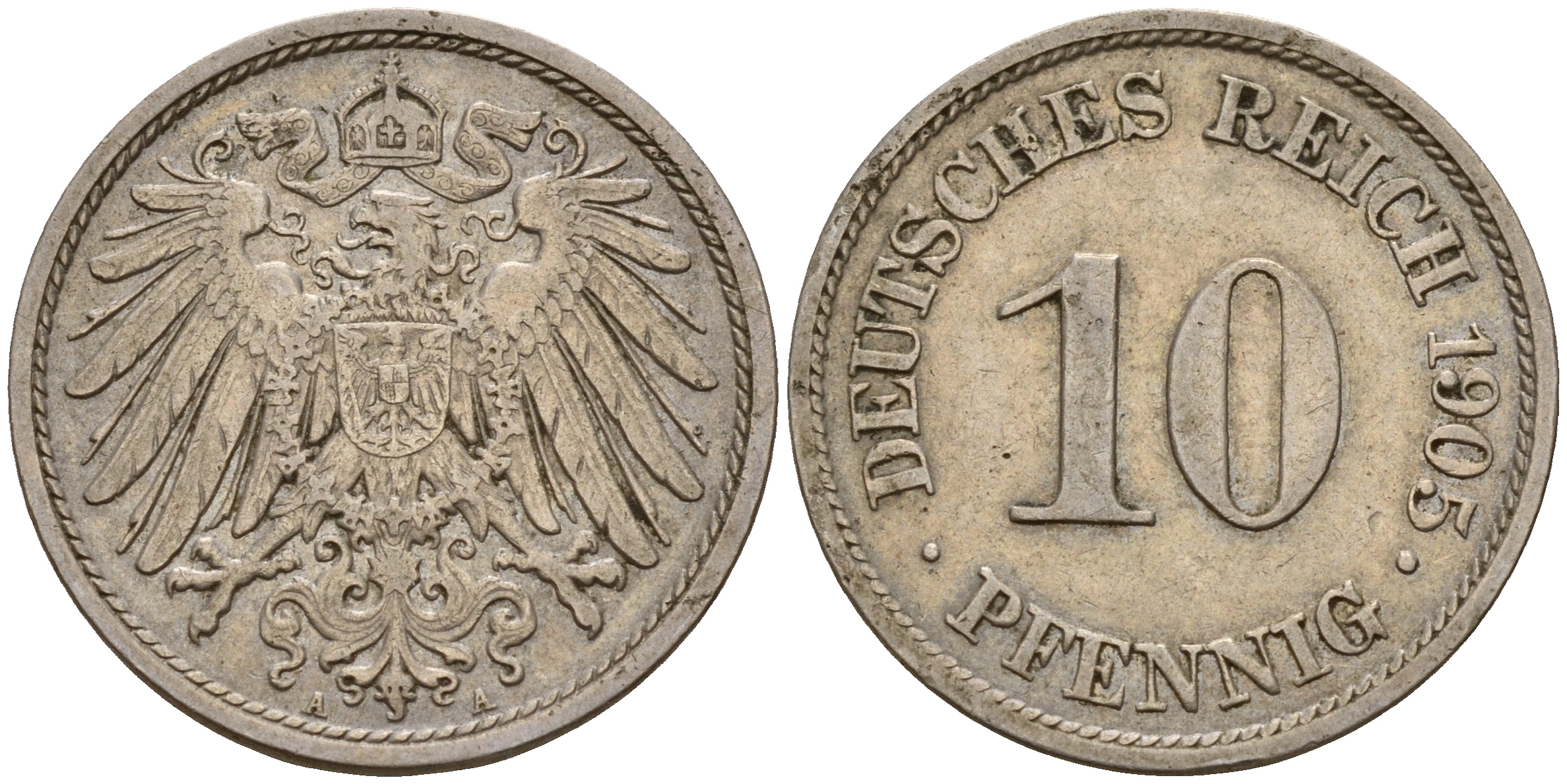 Германия 10 пфеннигов 1905 A J. 13,  KM 12 медно-никель    4603-653