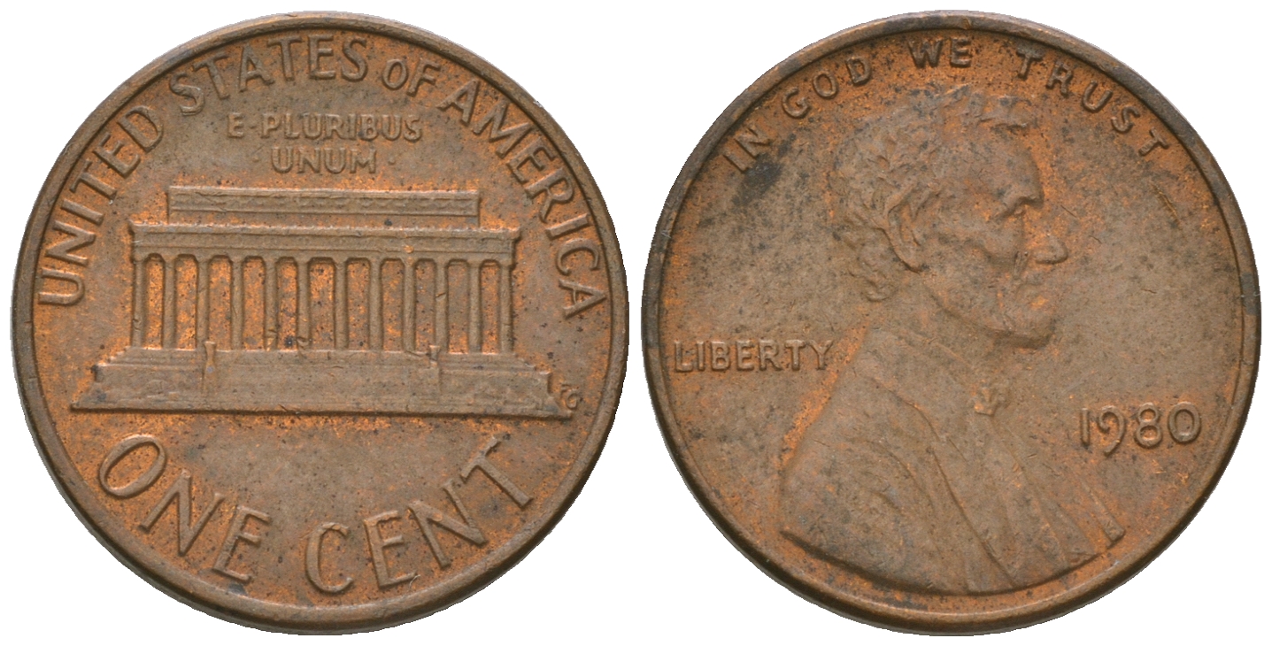 США 1 цент 1980 Авраам Линкольн KM 201 медь цинк 4615-1261