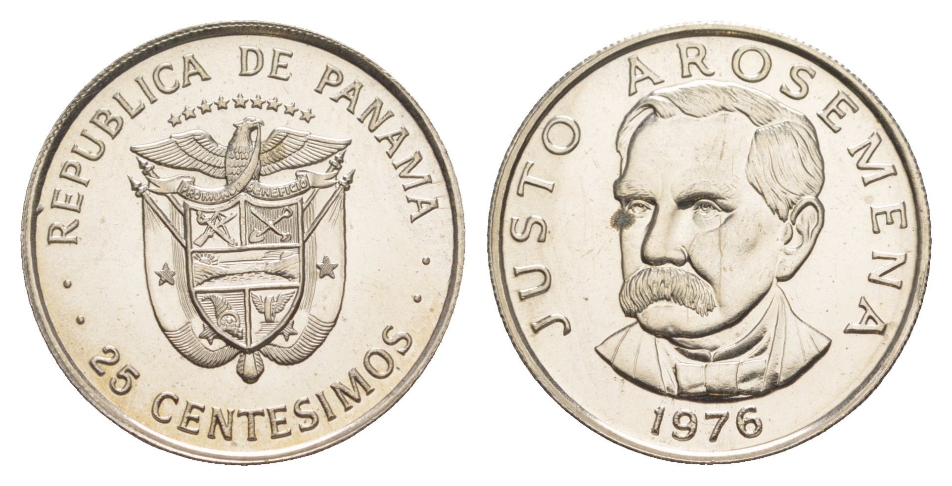 Панама 25 сентесимо 1976 Хусто Аросемена, тираж 12.000 экземпляров KM 37 медь плакированная медно-никелем BU 4642-724