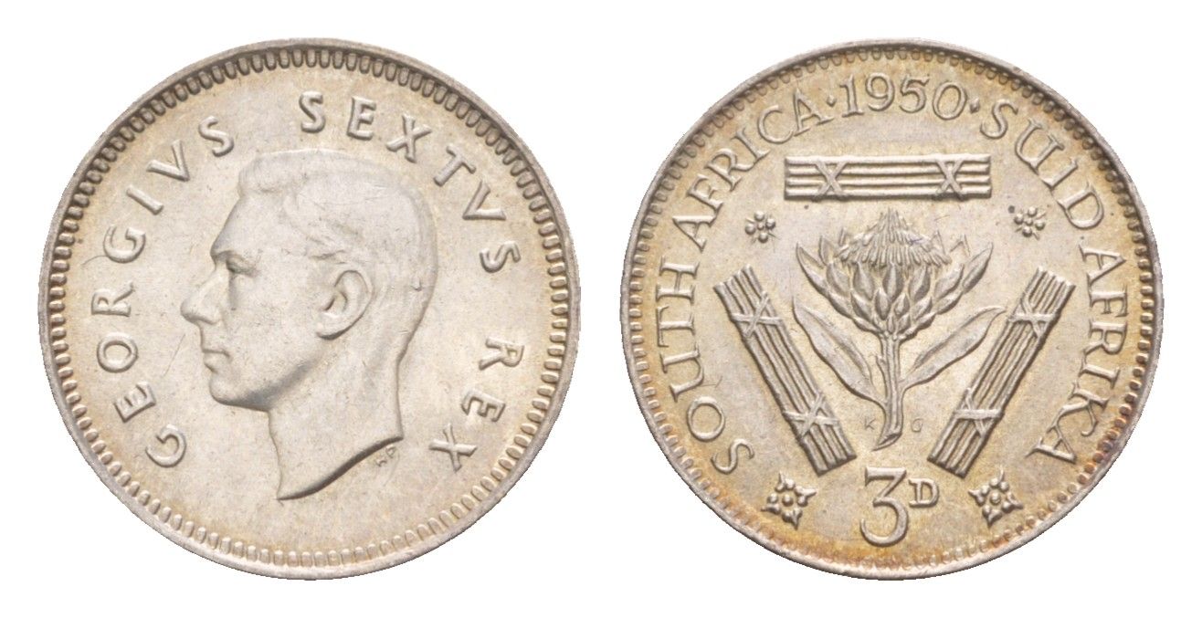 ЮАР 3 пенса 1950 Георг VI (1936-1952) KM 35.1 серебро UNC 413-3544