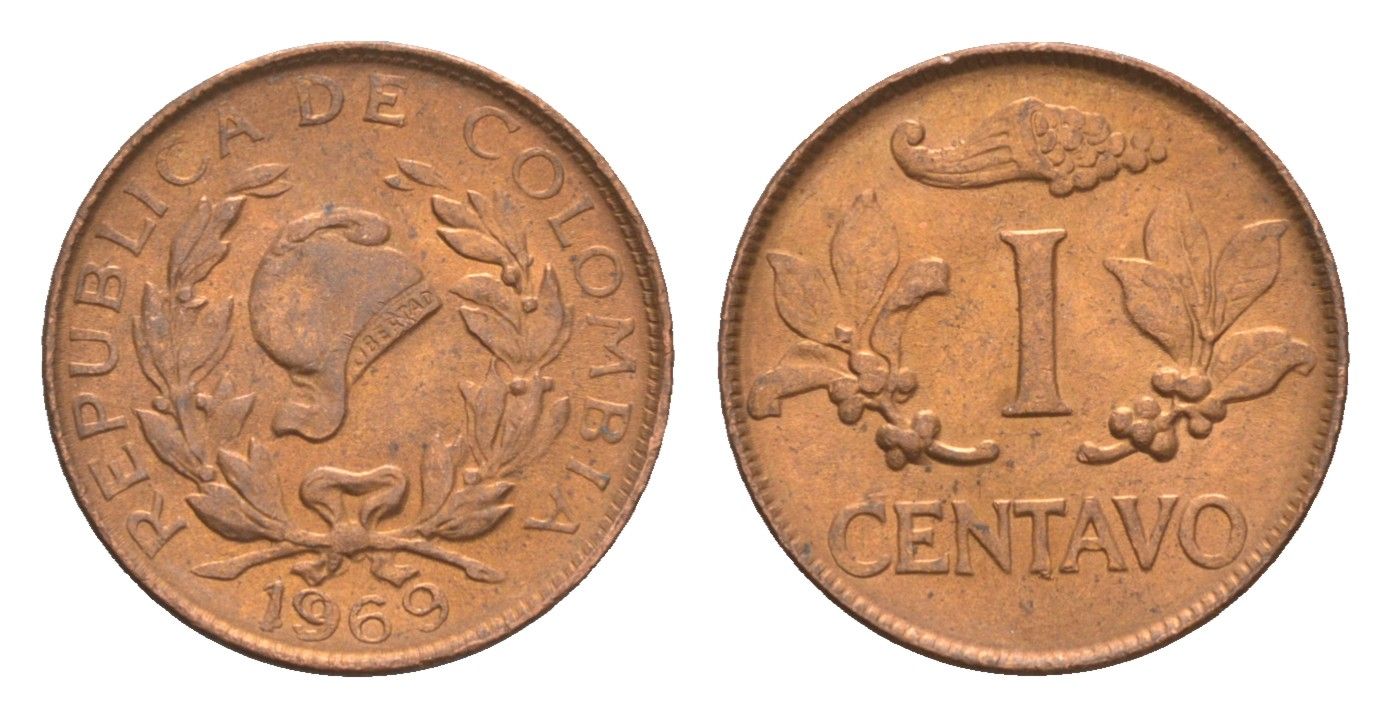 Колумбия 1 сентаво 1969 KM 205a сталь плакированная медью aUNC 4655-869