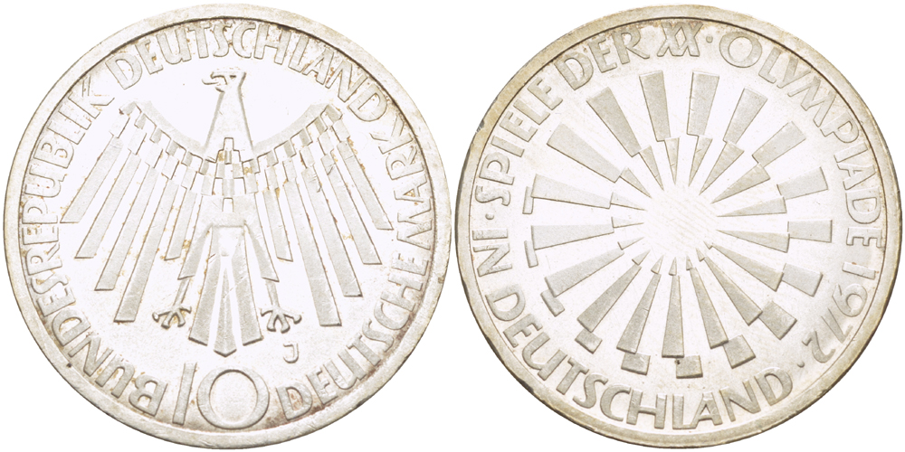 ФРГ 10 МАРОК 1972 J, ОЛИМПИЙСКИЕ ИГРЫ В МЮНХЕНЕ 1972 ГОДА, СПИРАЛЬ KM 134.1, J. 401b серебро 413-1415