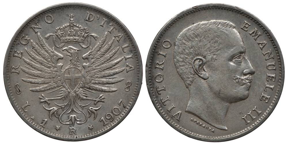 Италия 1 лира 1907 R, Виктор Эммануил III (1900-1948), Савойский орел (символ Рима) KM 32 серебро 1517-723
