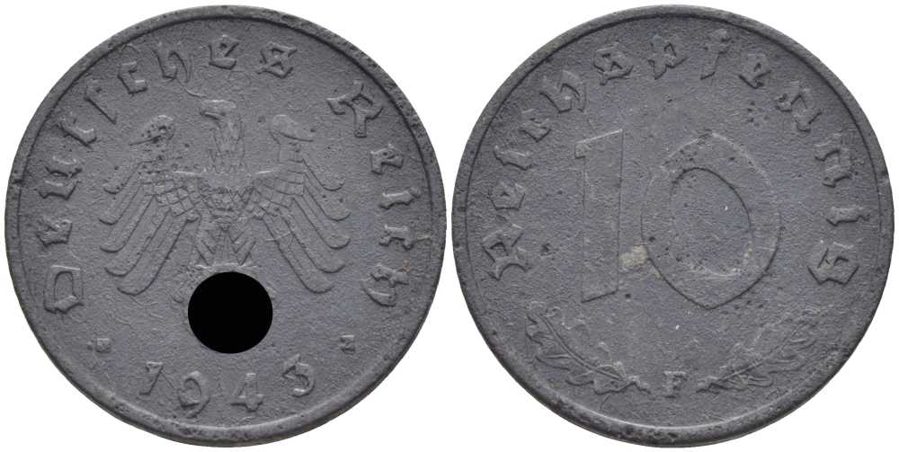 ГЕРМАНИЯ 10 РЕЙХСПФЕННИГОВ 1943 F KM 101, J. 371 цинк 4401-545
