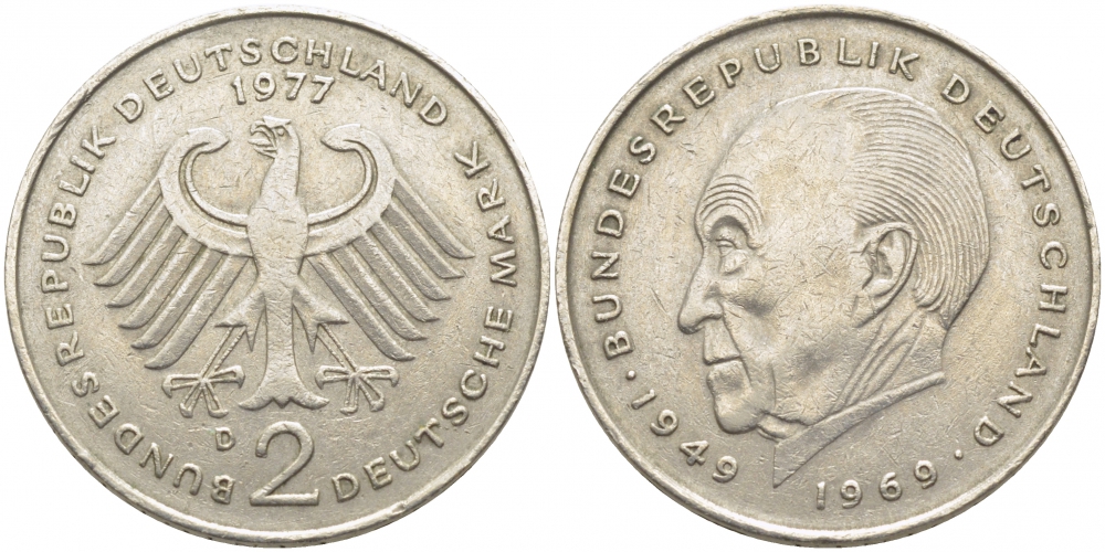 ФРГ 2 МАРКИ 1977 D, КОНРАД АДЕНАУЭР KM 124, J. 406 медно-никель плакированный никелем 3856-253