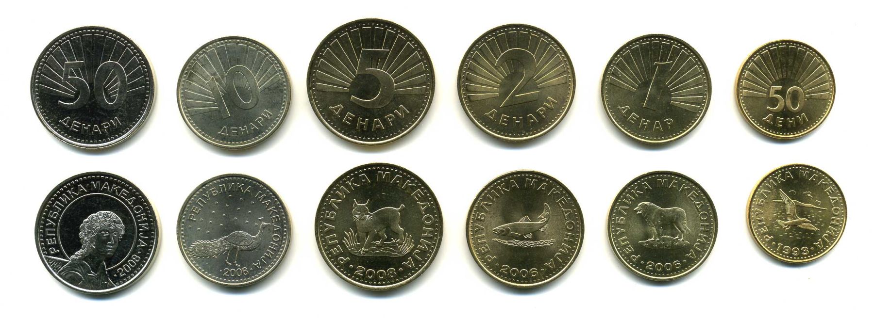Северная Македония лот из 6 монет 1993-2008 животные, 50, 10, 5, 2, 1 денар и 50 дени UNC M75-12