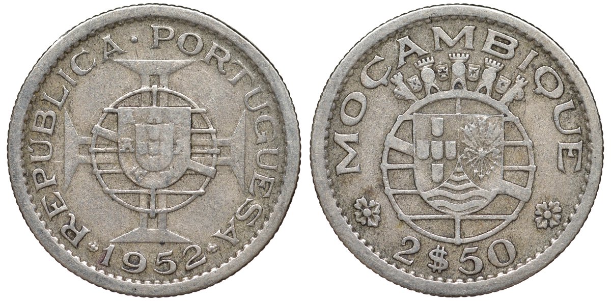 Португальский Мозамбик 2 1/2 эскудо 1952 KM 78 медно-никель 51-2922