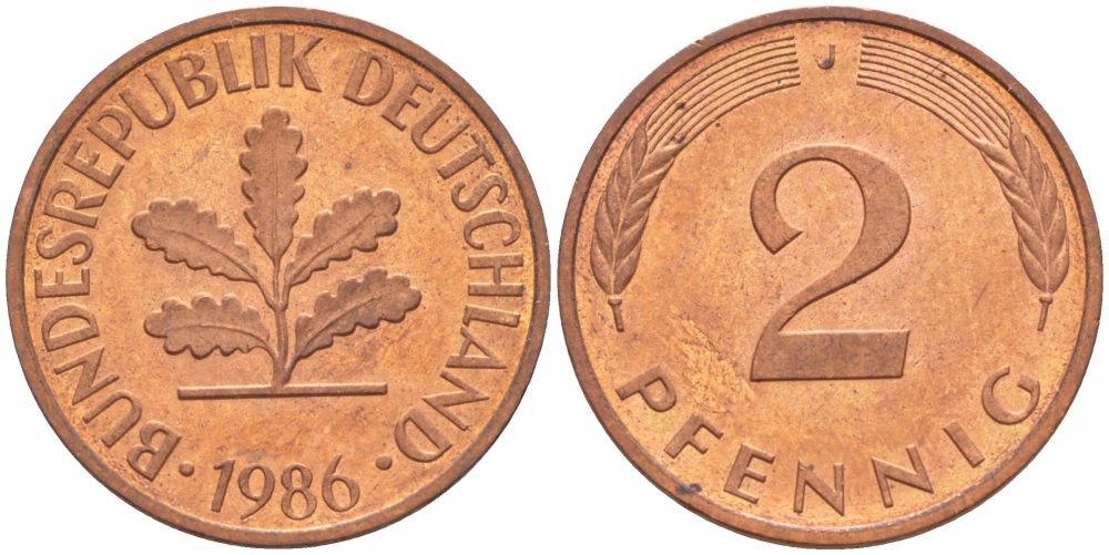 ФРГ 2 ПФЕННИГА 1986 J KM 106a, J.381a сталь плакированная сталь плакированная медьюю 4396-1617
