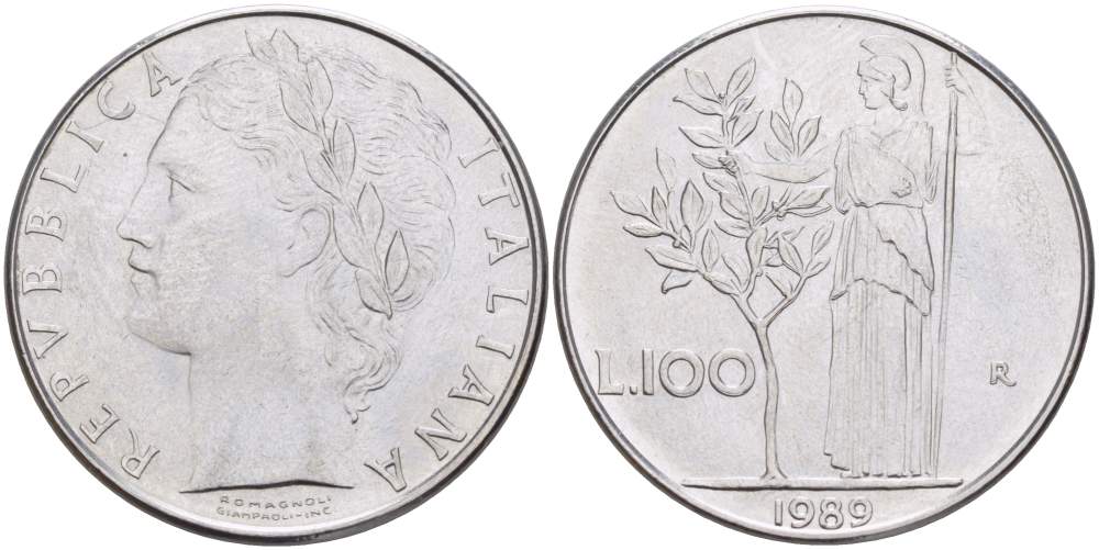 ИТАЛИЯ 100 ЛИР 1989 R, АФИНА, ДИАМЕТР 28 ММ. KM 96.1 нержавеющая сталь 4531-122