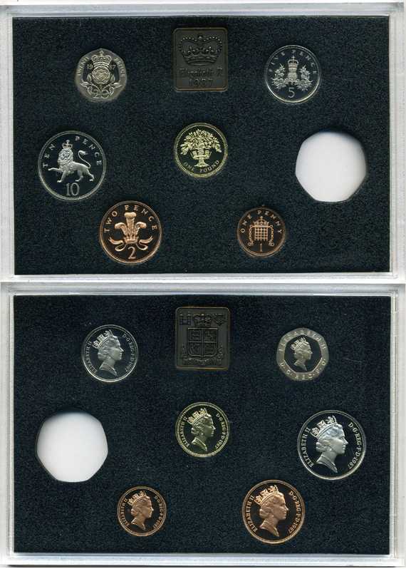 Великобритания набор из 7 монет + жетон монетного двора 1987 в оригинальной пластиковой упаковке, с сертификатом, без 50 пенсов, тираж 125000 экз. KM PS 51 PROOF 2-6-3-08