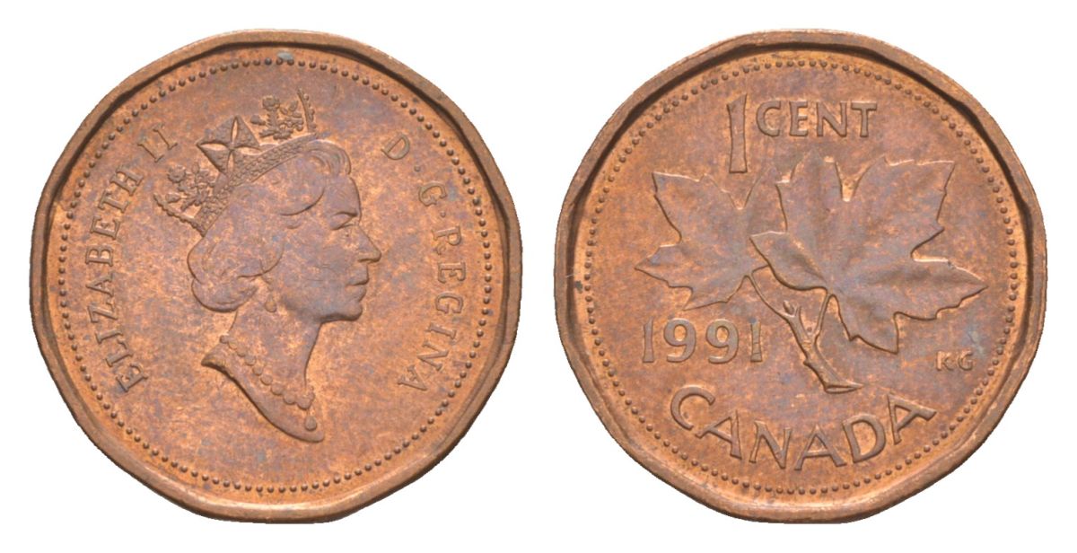 Канада 1 цент 1991 Елизавета II (1952-2022), кленовый лист KM 181 бронза 4630-611