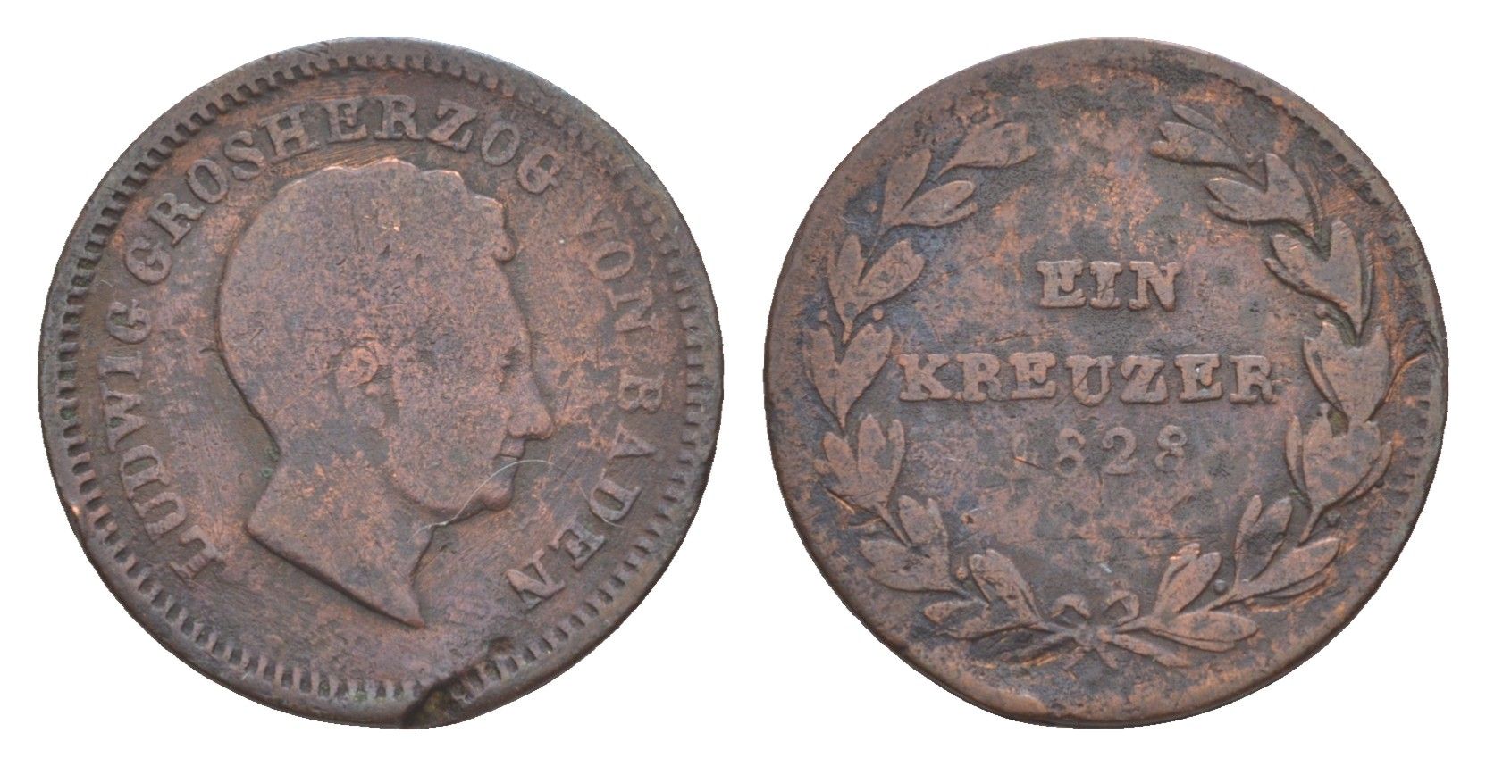 Баден 1 крейцер 1828 Людвиг I (1818-1830) KM 189 медь 4639-431