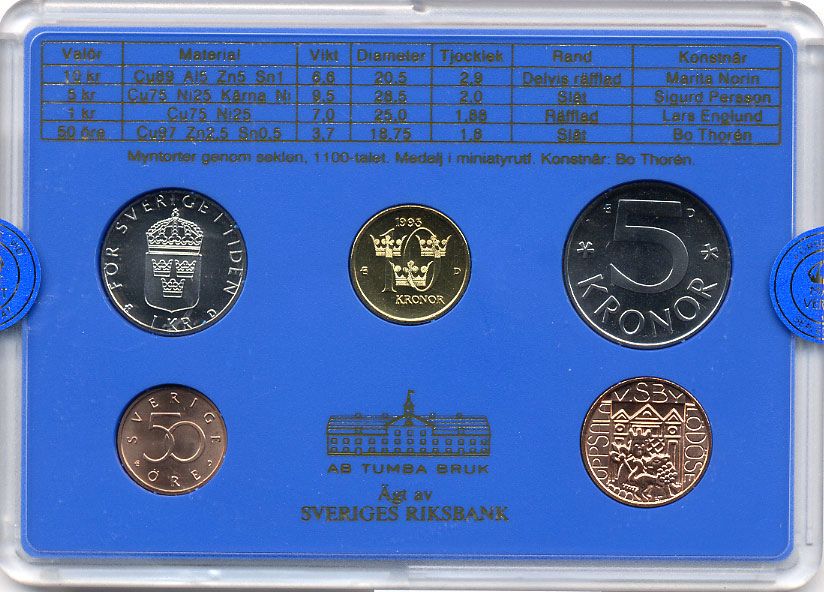 Швеция набор монетного двора из 4 монет + жетон 1993 в пластике, Карл XVI Густав (1973- ) KM MS68 UNC 7-5-7-200