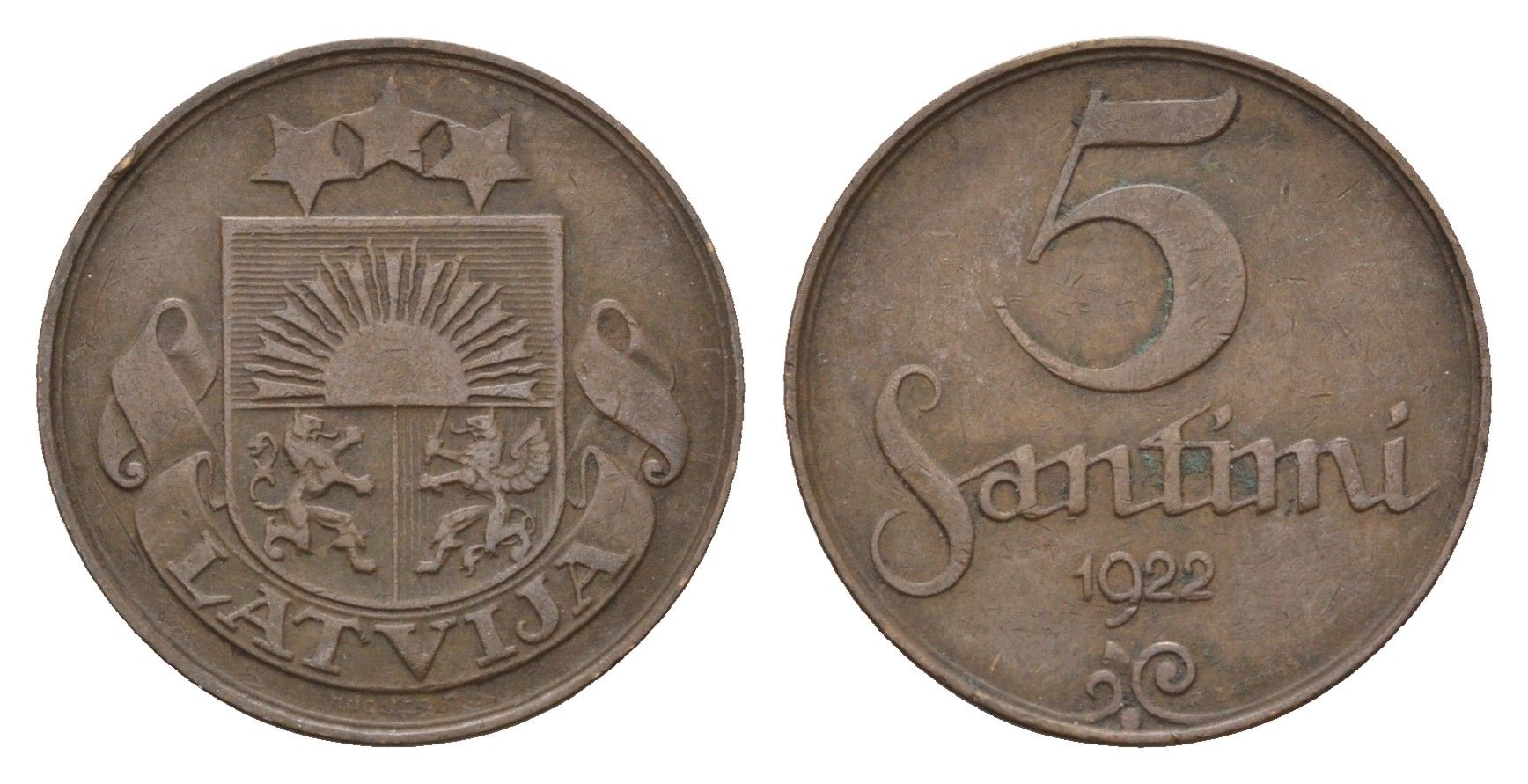Латвия 5 сантимов 1922 KM 3 бронза 4689-957