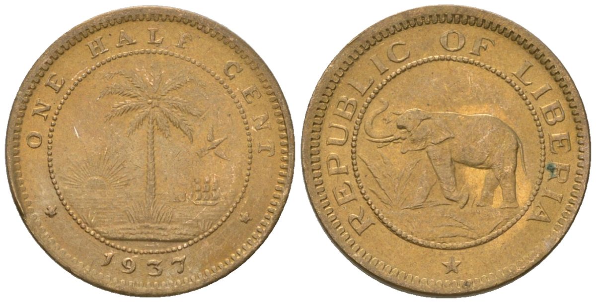 Либерия 1/2 цента 1937 KM 10 латунь aUNC 4588-758